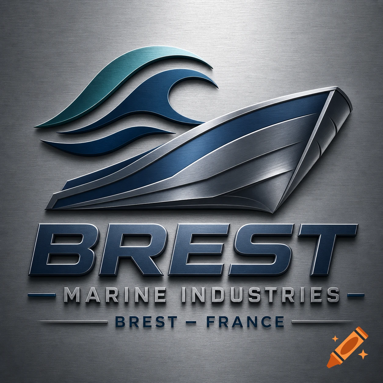 A 3D metallic logo for Brest Marine Industries, featuring a stylized boat and waves in blue and silver on a brushed metal background.