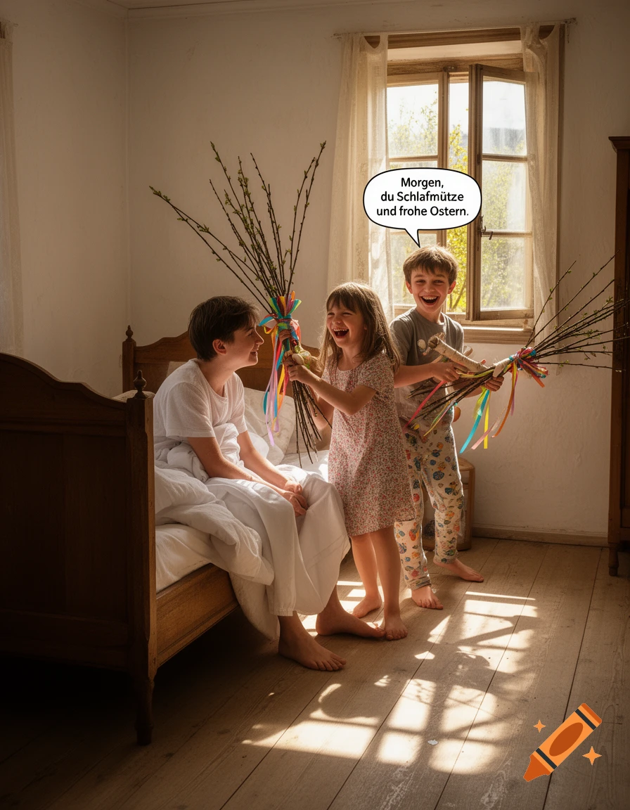 Two laughing children with decorated branches wake up a boy in bed, text bubble reads 'Morgen, du Schlafmütze und frohe Ostern.'