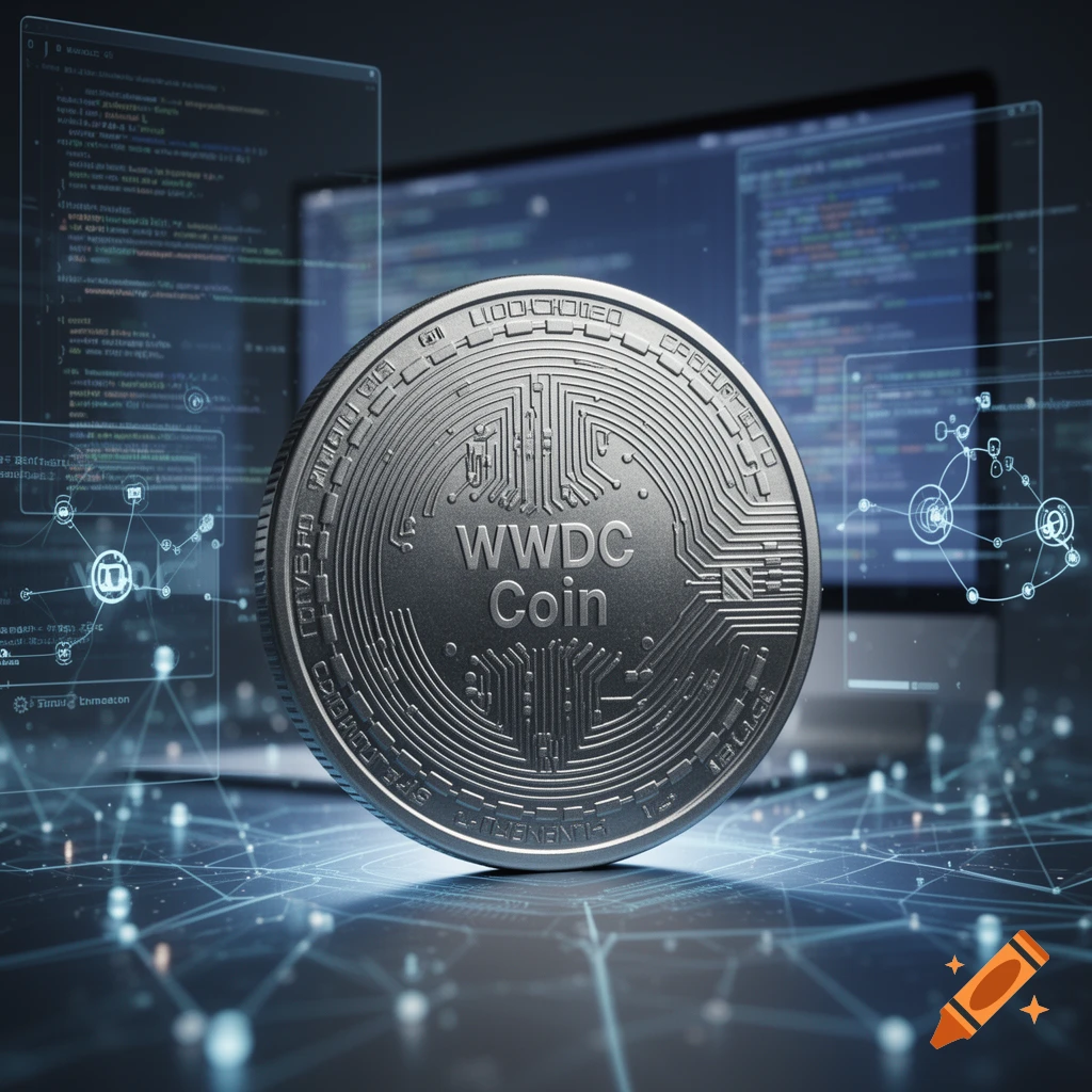 A silver 'WWDC Coin' with circuit board design in a high-tech setting with holographic screens and computer code.