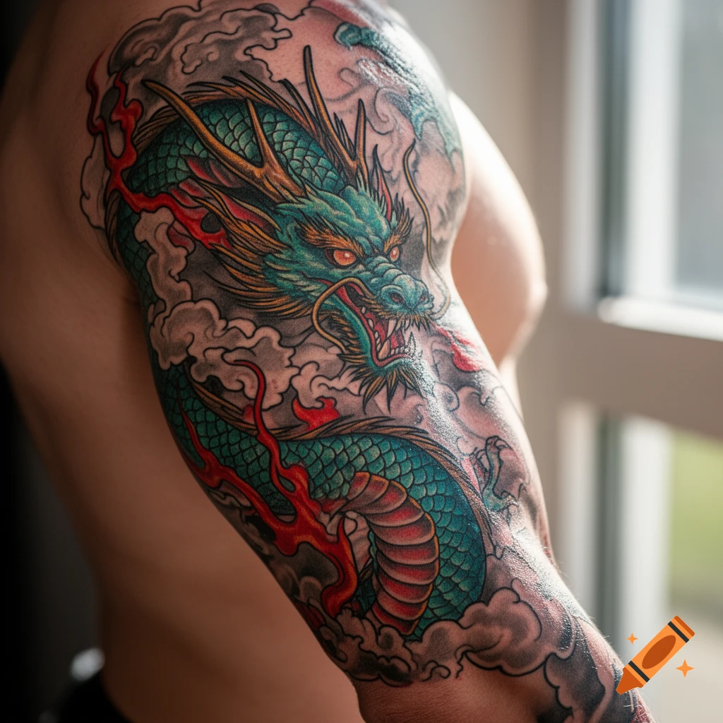 A vibrant green and red traditional Japanese dragon tattoo on a person's upper arm, against a soft-focus background.
