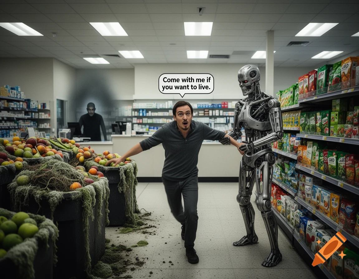 A man looks shocked as a Terminator robot grabs his arm in a supermarket aisle, saying, "Come with me if you want to live."