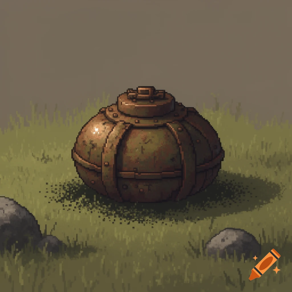 A rusty, spherical WWI-era land mine sits on grassy ground with rocks, rendered in 16-bit pixel art style.