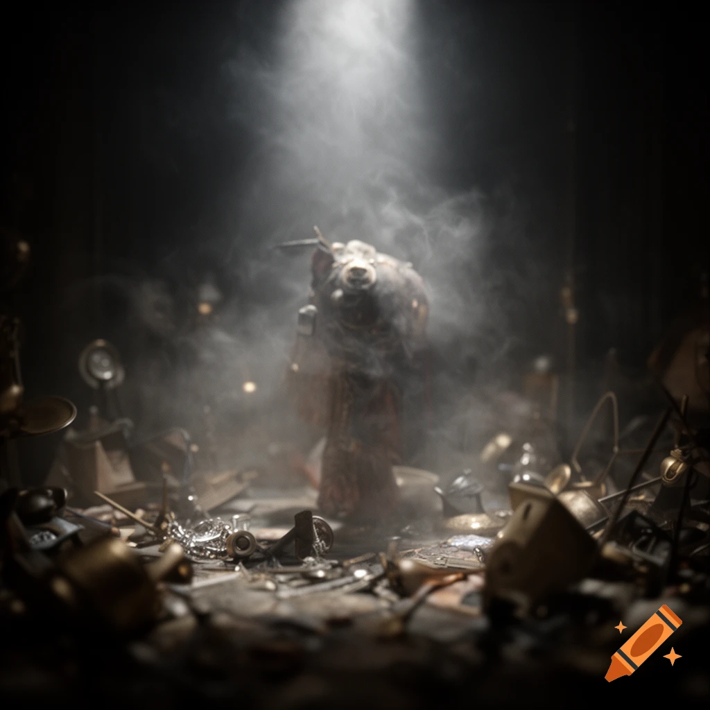 A mysterious, horned creature stands amidst a pile of metallic junk and smoke, illuminated by a dramatic spotlight from above.