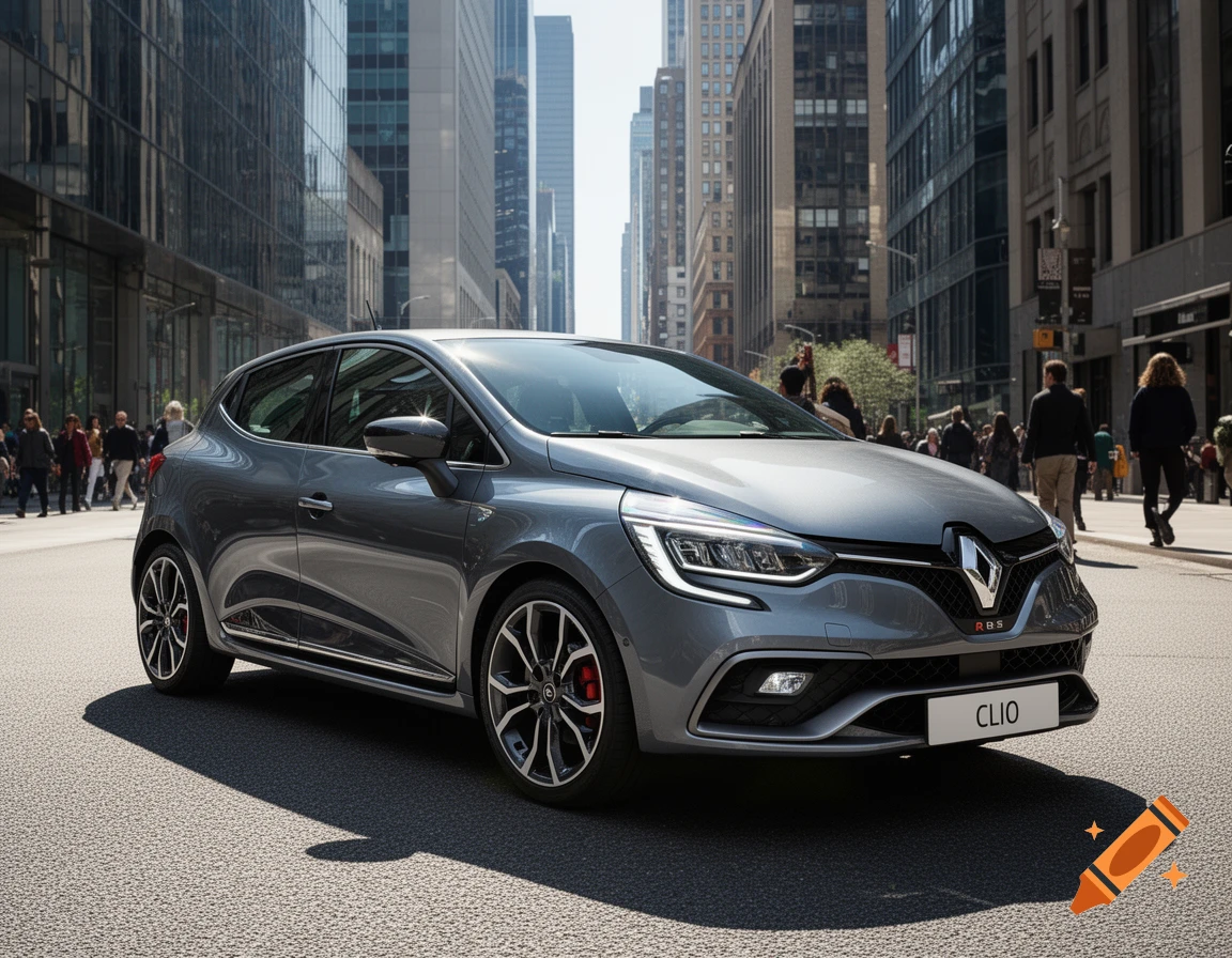 A grey Renault Clio RS car parked on a city street with tall glass buildings and pedestrians in the background, photorealistic style.