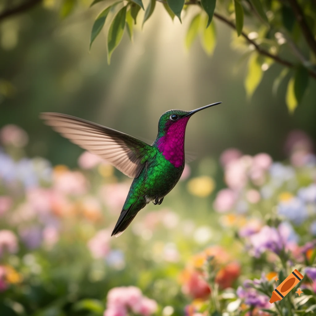 A vibrant green and magenta hummingbird hovers in a sunlit garden, surrounded by soft-focus colorful flowers and green leaves.