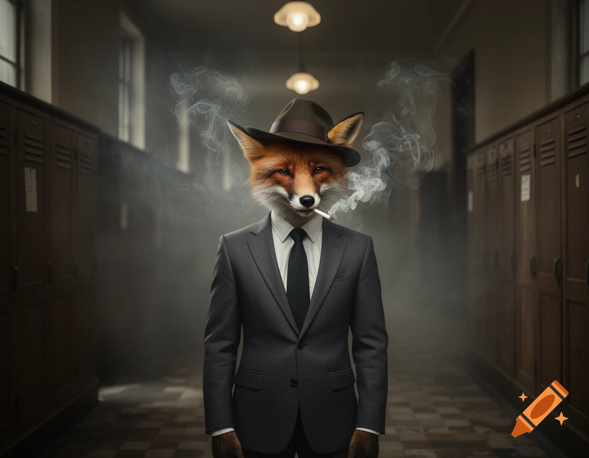 A photorealistic anthropomorphic fox in a suit and fedora smokes a cigarette in a dark, smoky school hallway with lockers.