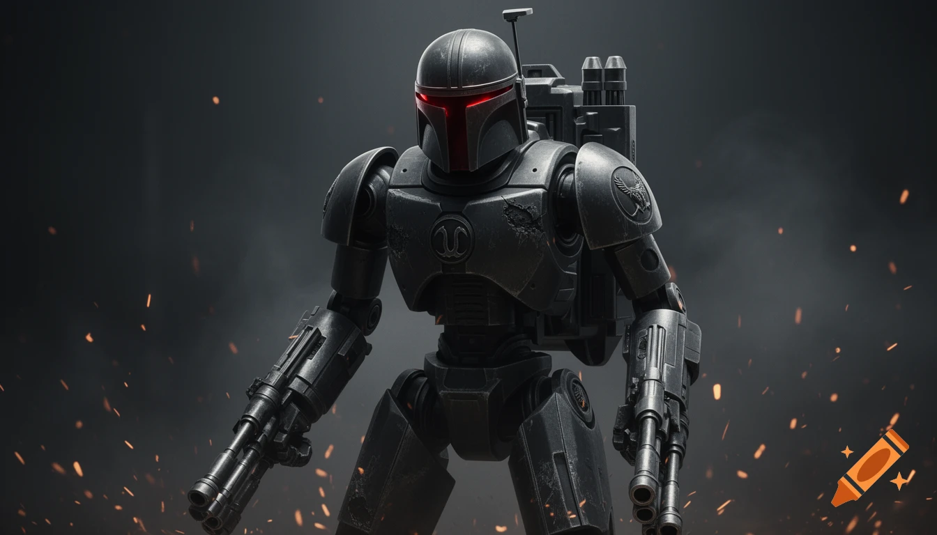 A realistic, dark grey Star Wars Dark Trooper droid in Mandalorian armor stands amidst sparks and smoke.