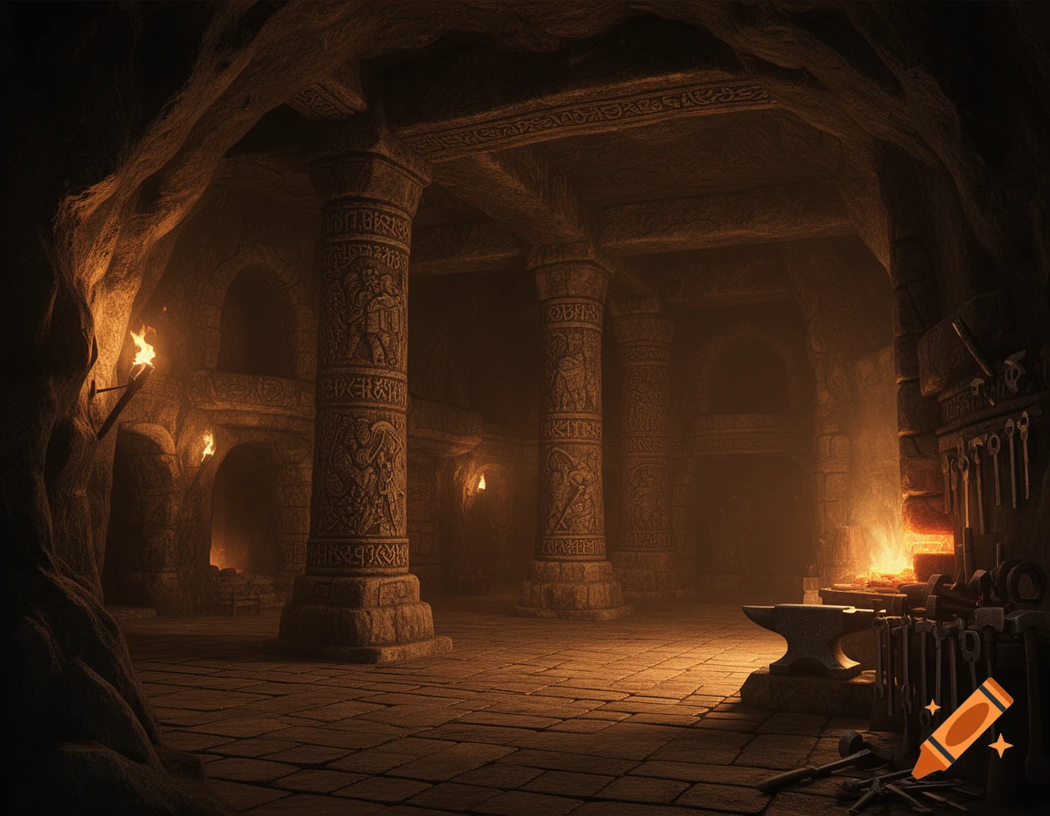A dimly lit dwarven cave with large carved stone pillars, flickering torches, and a glowing forge with tools on the right.