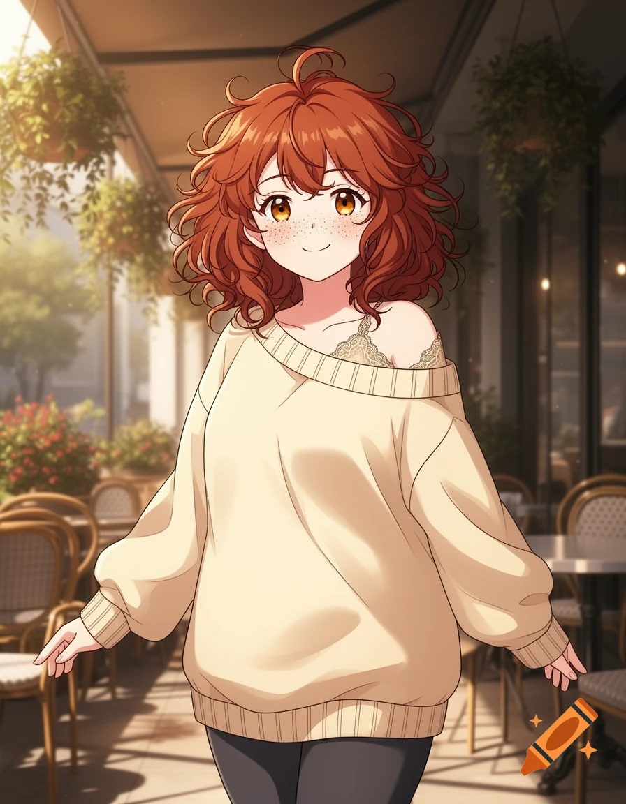 An anime-style young woman with red curly hair and freckles, wearing an off-shoulder cream sweater, stands smiling in front of an outdoor cafe.