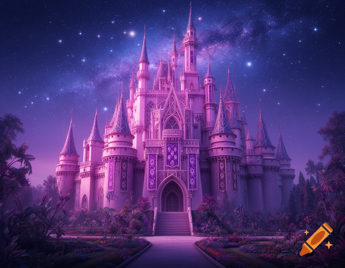 Gigantic pink and purple fantasy castle with intricate details under a starry indigo galaxy sky, surrounded by lush gardens.