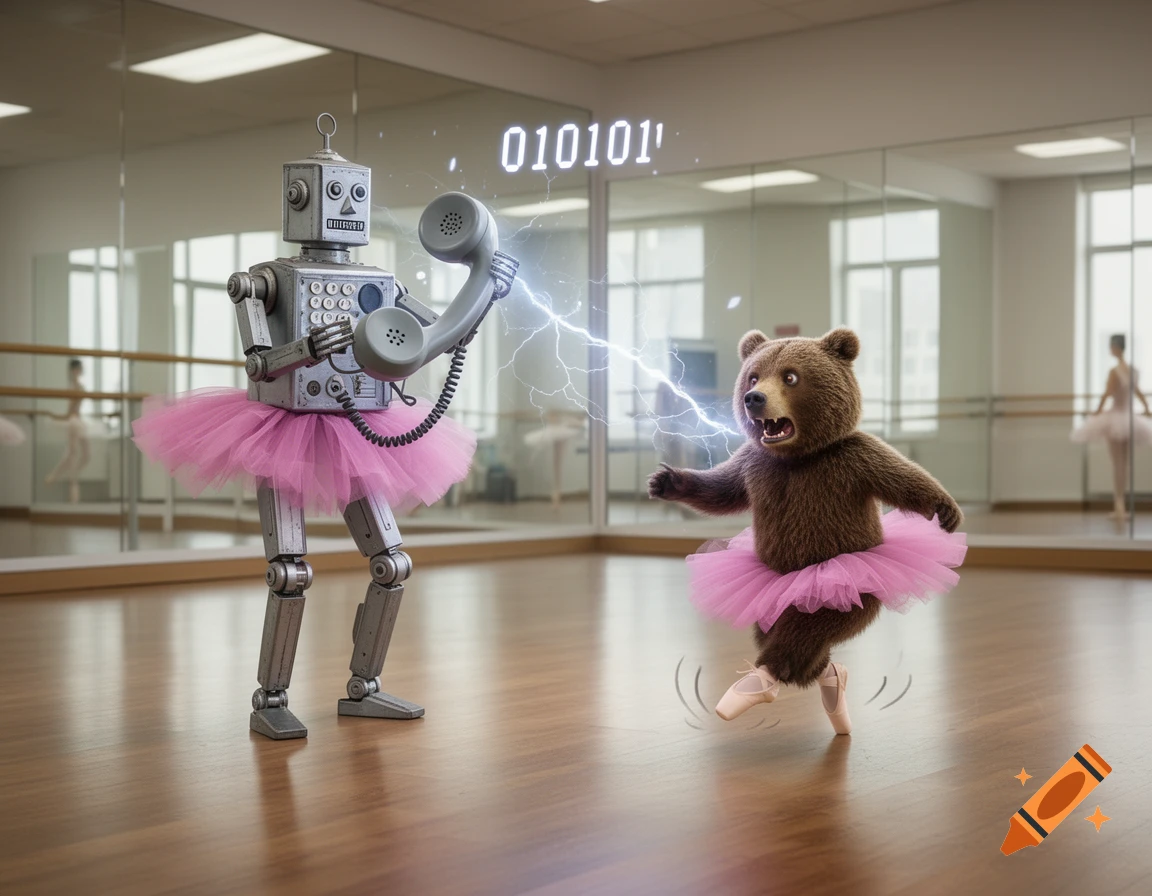 A retro robot in a pink tutu holds a telephone, emitting lightning and binary code at a distressed bear in a pink tutu, in a ballet studio.