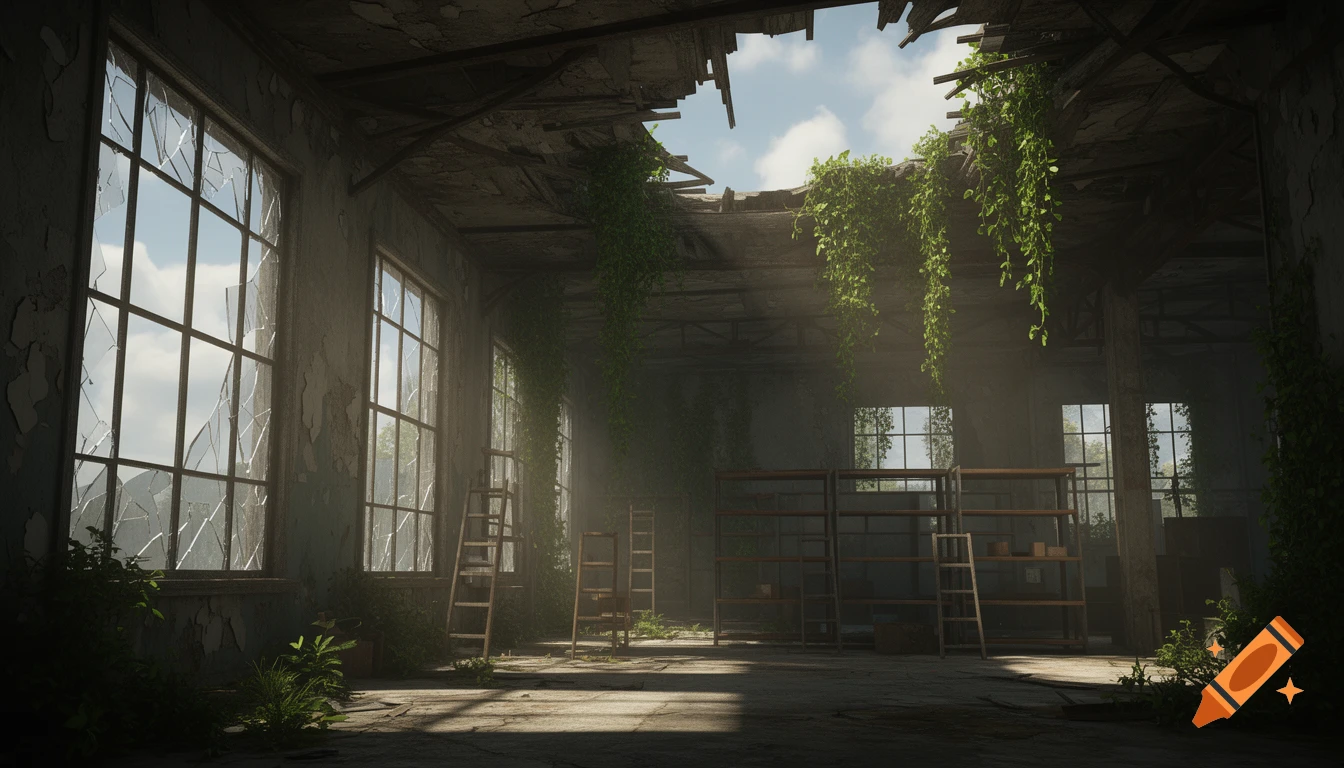 Hyper-realistic image of an abandoned, overgrown factory with a collapsed roof and broken windows, illuminated by sunlight.