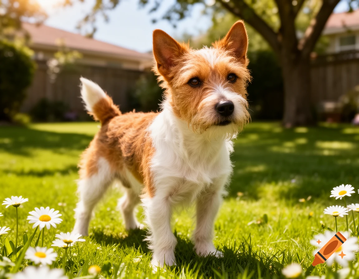 A photorealistic image of a Jack Russell Terrier standing in a sunny green garden with white daisies.