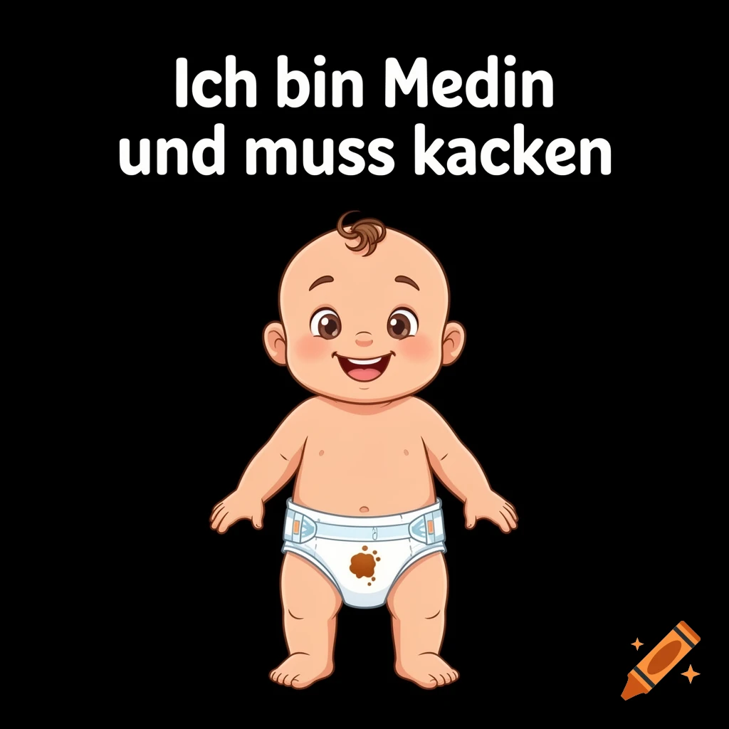 Cartoon baby in a soiled diaper on a black background, with German text saying 'I am a medic and need to poop'.