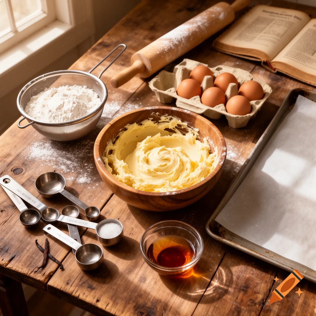 Overhead shot of baking ingredients on a rustic wooden table, including flour, eggs, creamed butter, measuring spoons, vanilla beans, and an open recipe book.