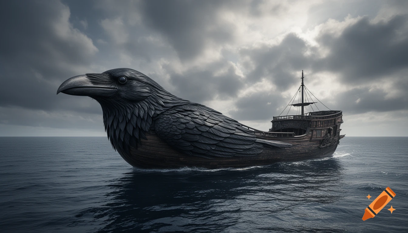 Photorealistic fantasy boat with a crow's head prow sailing on dark, choppy water under a dramatic cloudy sky.