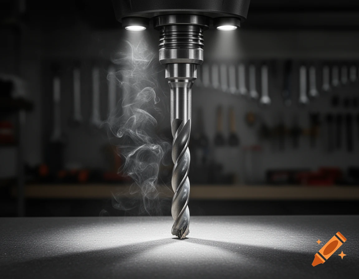 Close-up of a metallic drill bit smoking while attempting to drill into a dark surface in a dimly lit workshop.