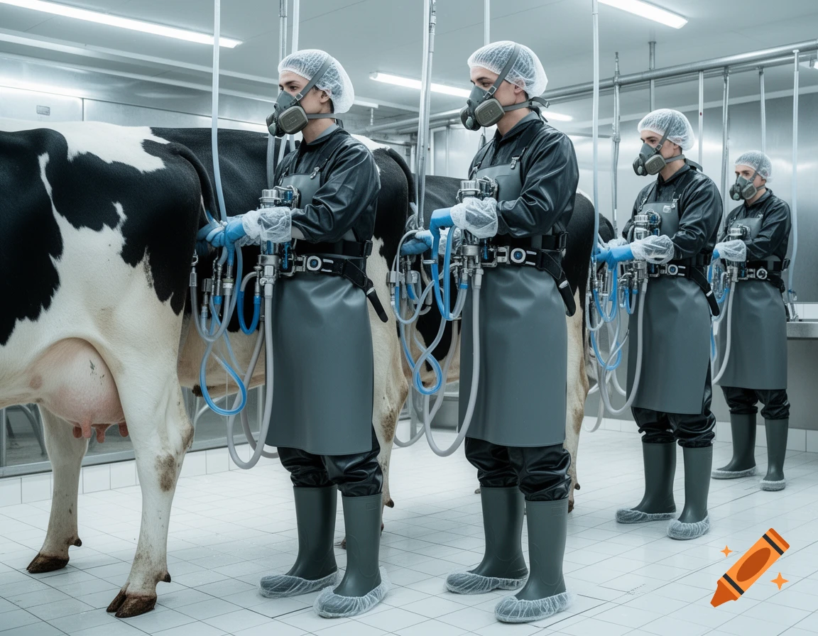 Four masked people in protective suits and respirators meticulously milking cows in a sterile, modern dairy facility.
