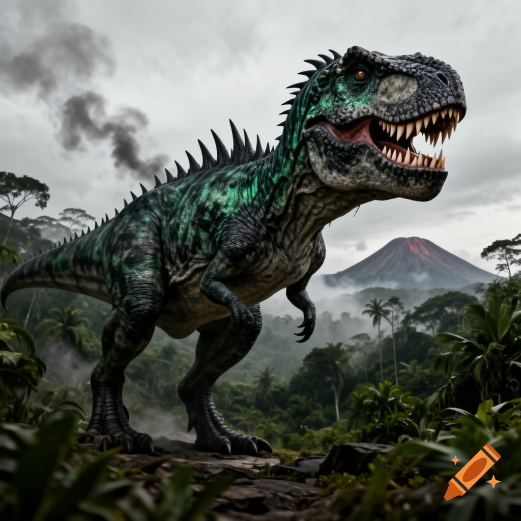 A realistic green and black hybrid dinosaur with sharp teeth roars in a lush prehistoric jungle, with a smoking volcano in the background.