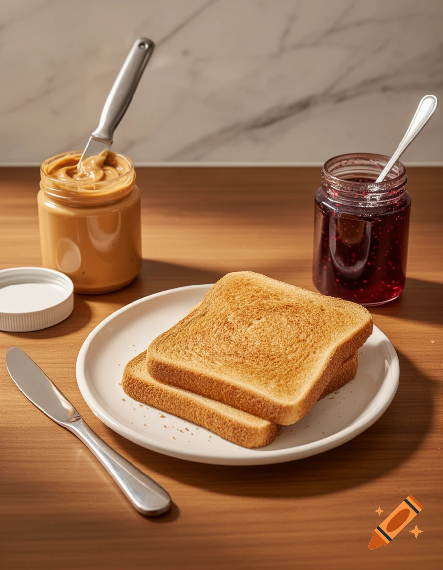 Two slices of golden toast on a white plate next to jars of peanut butter and raspberry jelly, with knives, on a wooden counter.