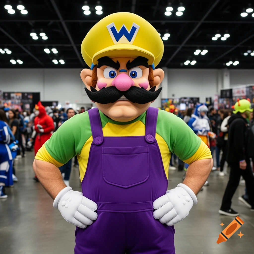 A person dressed as Wario with a yellow cap and purple overalls stands with hands on hips at a convention.