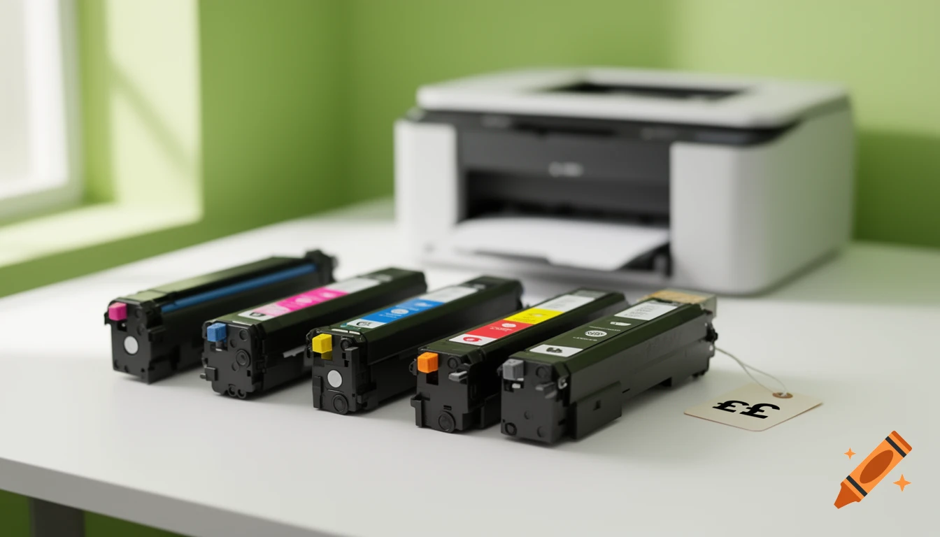 Photorealistic flat-lay of colorful printer ink cartridges on a white desk, with a white printer in the background and a price tag showing '"£33"'.