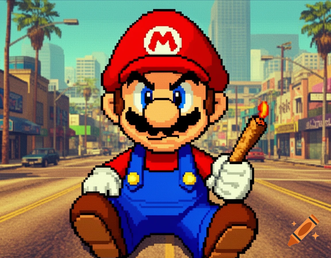 Pixelated Super Mario with an intimidating expression, holding a lit blunt, sitting in the middle of a street in a GTA San Andreas-style city.