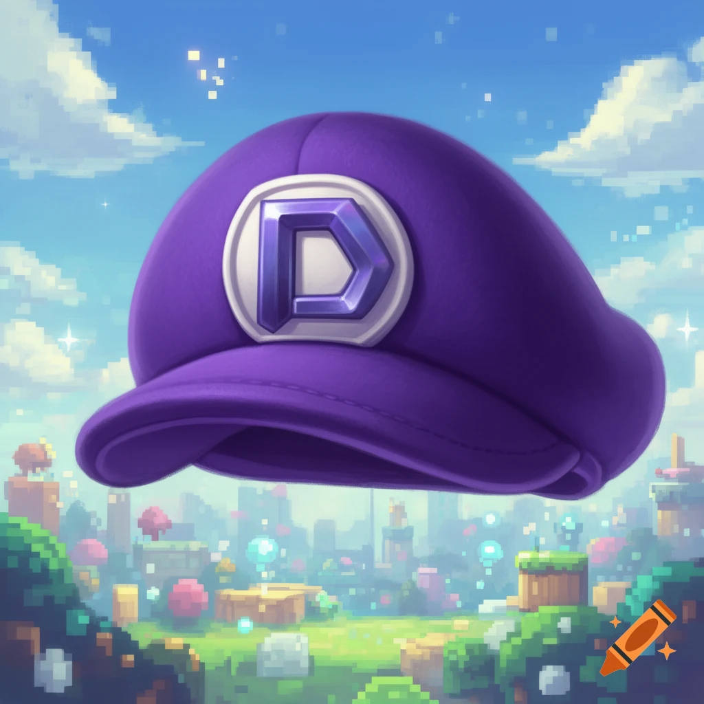 A vibrant purple hat with a metallic 'D' logo floats above a colorful, pixelated video game landscape under a blue sky.