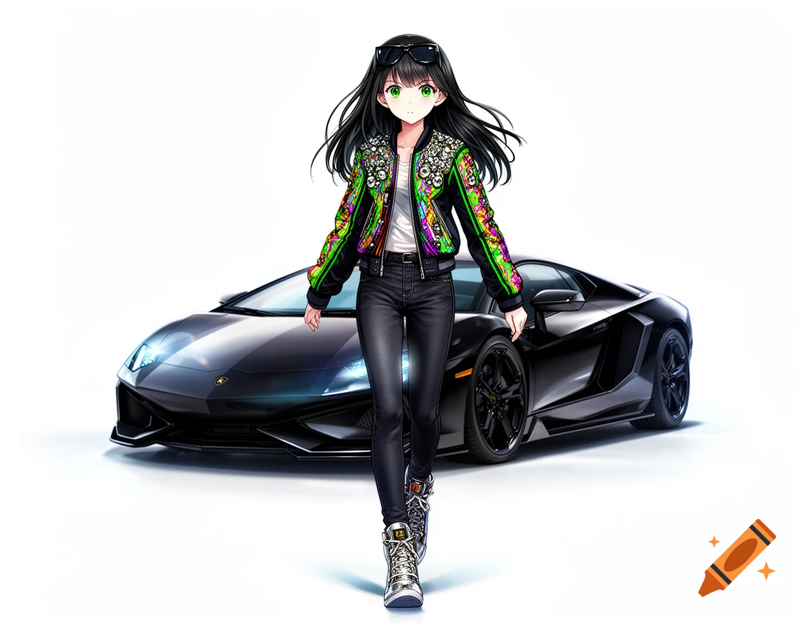 An anime girl with long dark hair, sunglasses, a colorful jacket, and black pants stands in front of a sleek black sports car on a white background.