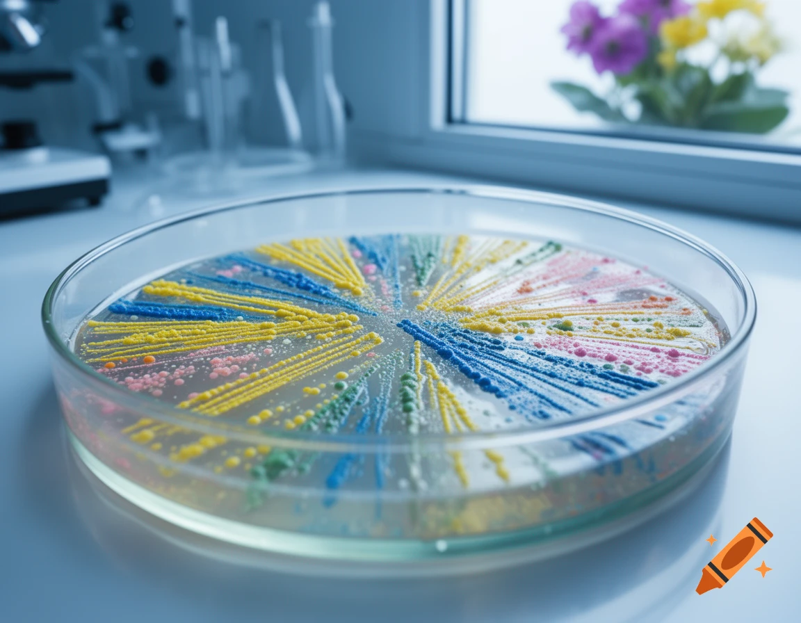 A petri dish filled with colorful bacterial cultures in a radial pattern in a lab.