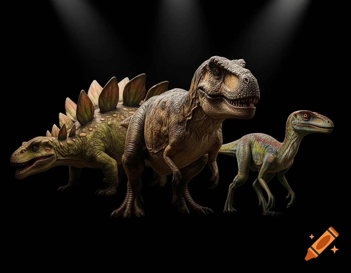 Photorealistic depiction of a Stegosaurus, T-Rex, and a smaller raptor-like dinosaur under spotlights on a black background.