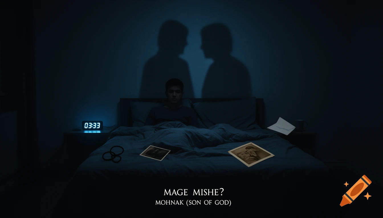 A young man sits on a bed in a dark bedroom at 3:33 AM, with two shadows on the wall and old photos on the bed, evoking loneliness.