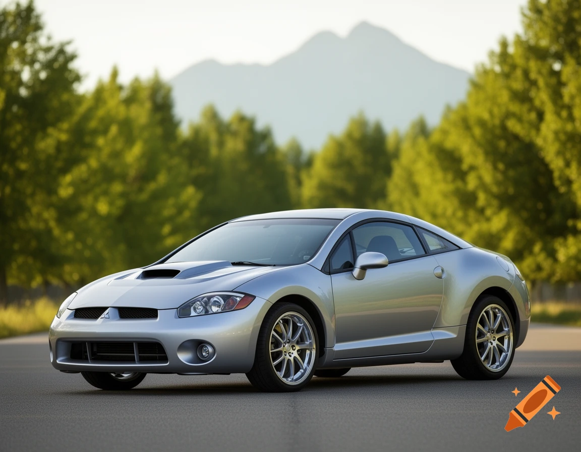 A silver Mitsubishi Eclipse sports car with a cowl hood parked on an asphalt road with trees and mountains in the background.