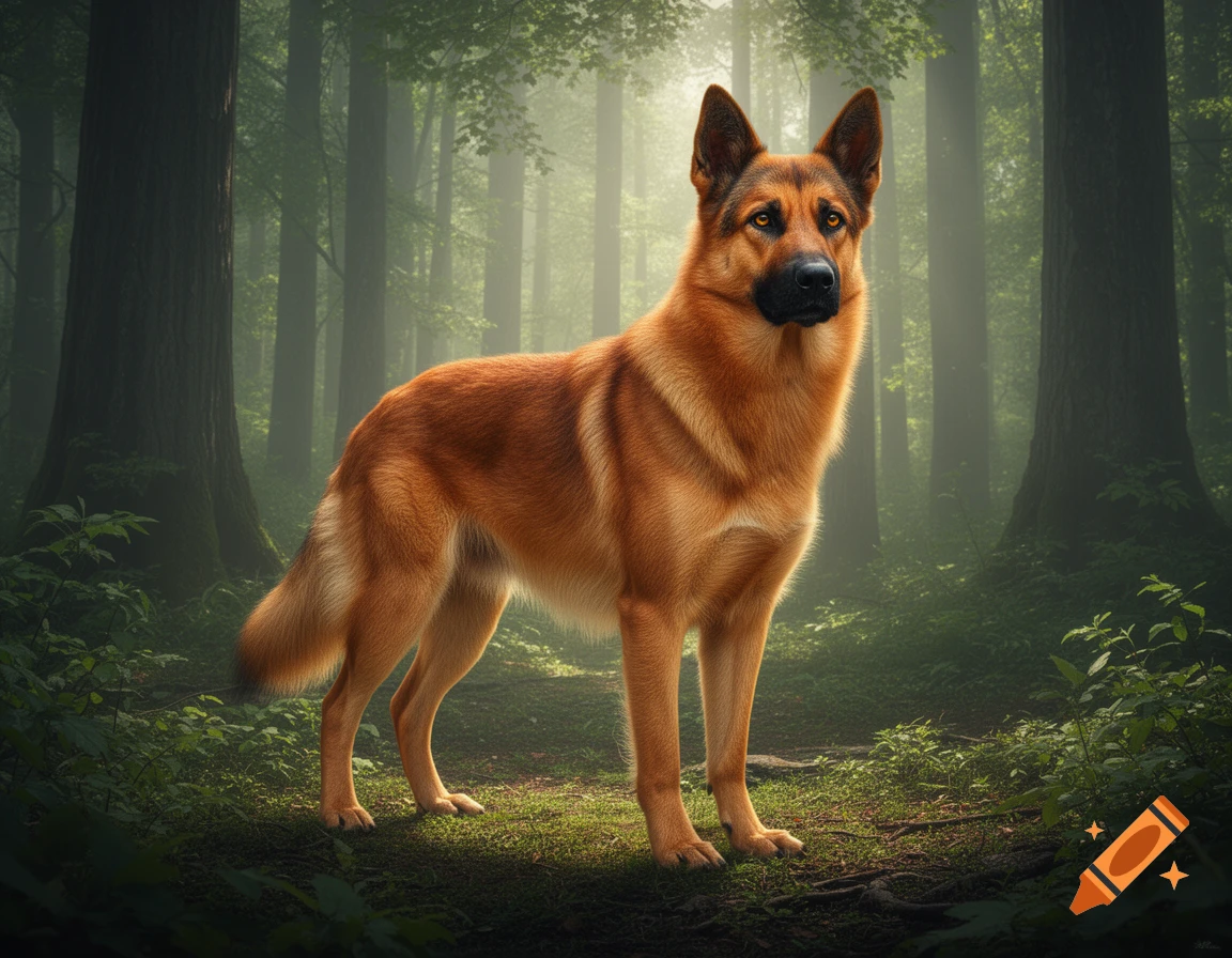 A regal, photorealistic German Shepherd dog stands in a misty, sunlit forest.