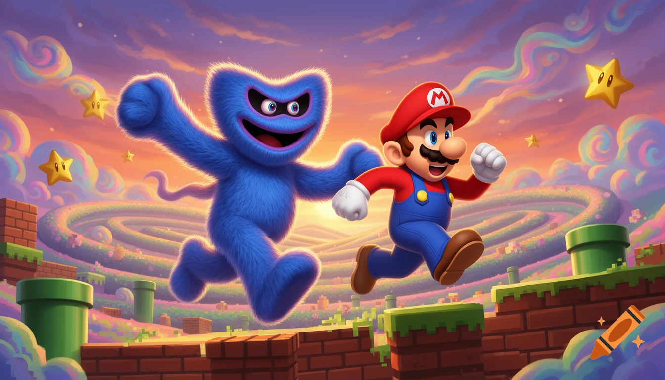 Huggy Wuggy and Mario run through a vibrant, whimsical Mario-style world with floating stars and pastel clouds at sunset.