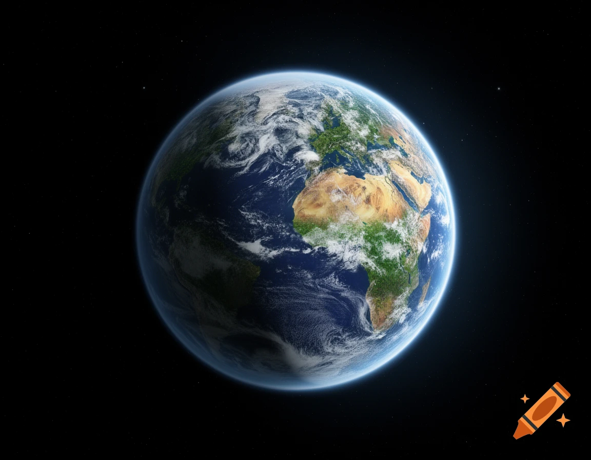 Detailed view of planet Earth from space, showing continents, clouds, and oceans against a dark, starry background.