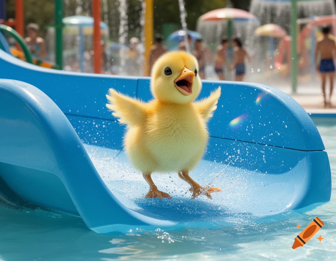 A fluffy yellow chick with outstretched wings slides down a blue water slide in a bustling water park, splashing water and looking happy.