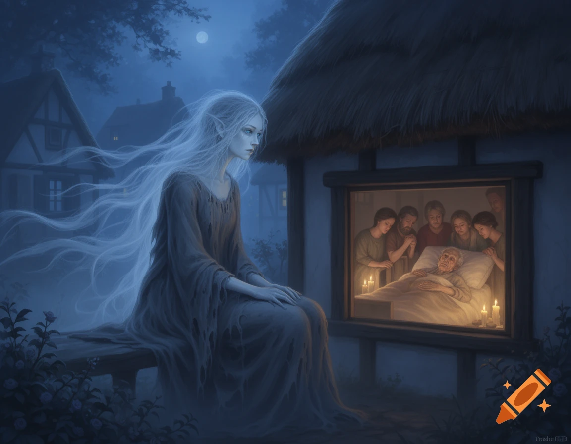 A ghostly figure with long white hair sits outside a thatched cottage at night, looking at a window where people mourn a dying elder in a bed by candlelight.