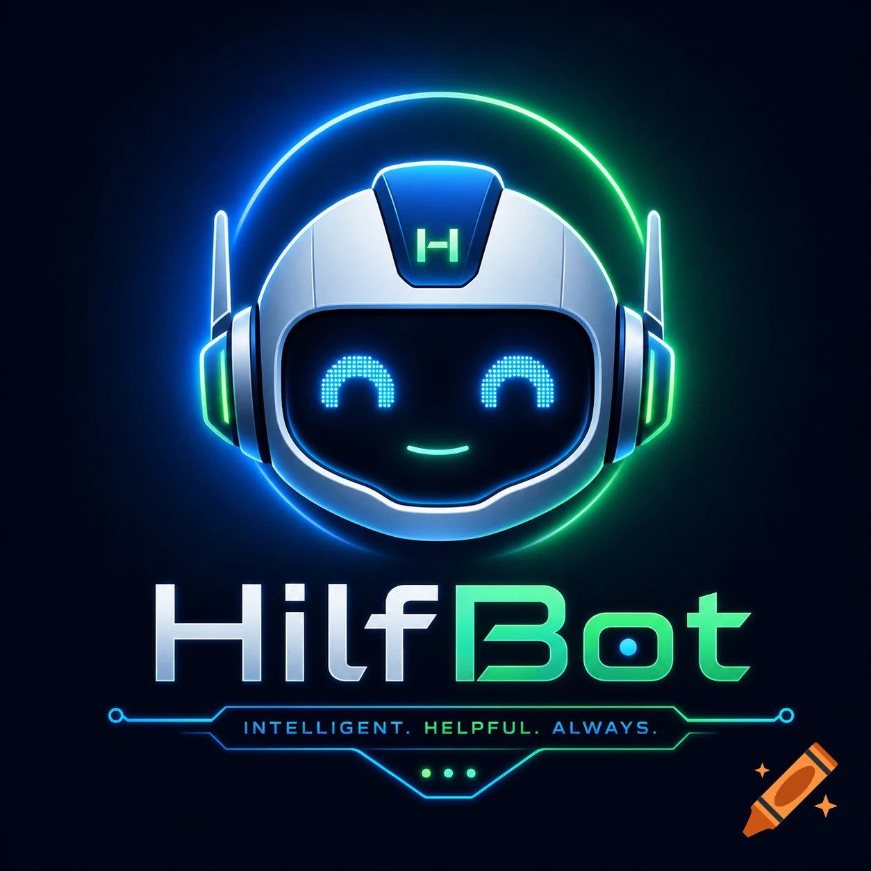 A shiny metallic robot head logo with glowing blue-green eyes and a neon halo above the text HilfBot, Intelligent. Helpful. Always.