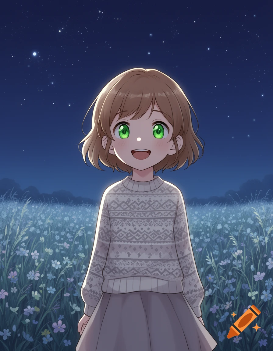 Anime girl with short brown hair and green eyes smiling in a field of wildflowers under a starry night sky.