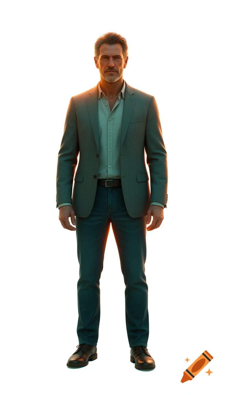 Photorealistic portrait of a mature man in a grey blazer and jeans, standing against a bright, sunlit background.