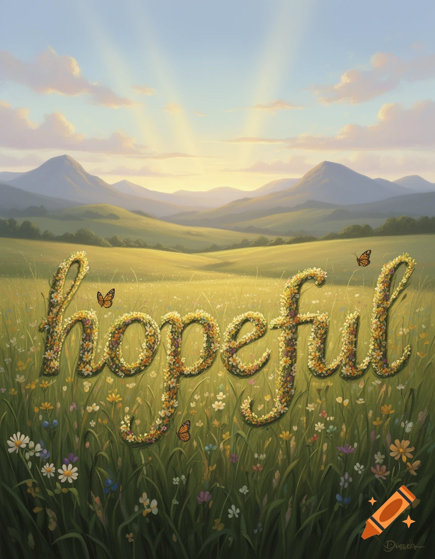 The word "hopeful" spelled in wildflowers across a sunny, green meadow with distant mountains and a blue sky.