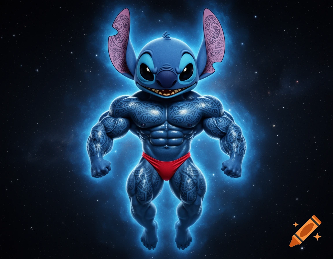 Heavily muscled Stitch from Lilo & Stitch, covered in Polynesian tattoos and wearing a red thong, floating in space with a blue aura.