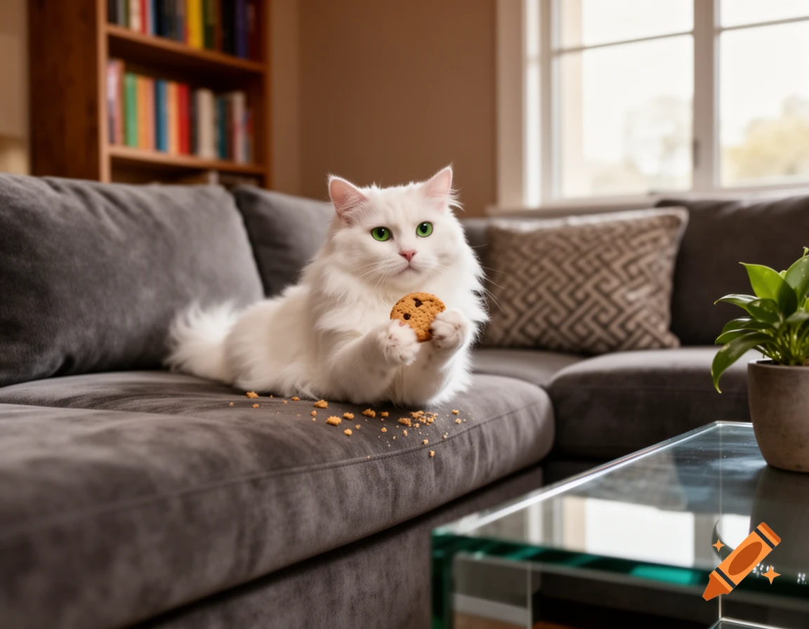 A fluffy white cat with green eyes sits on a gray sofa, holding a chocolate chip cookie with crumbs scattered around.