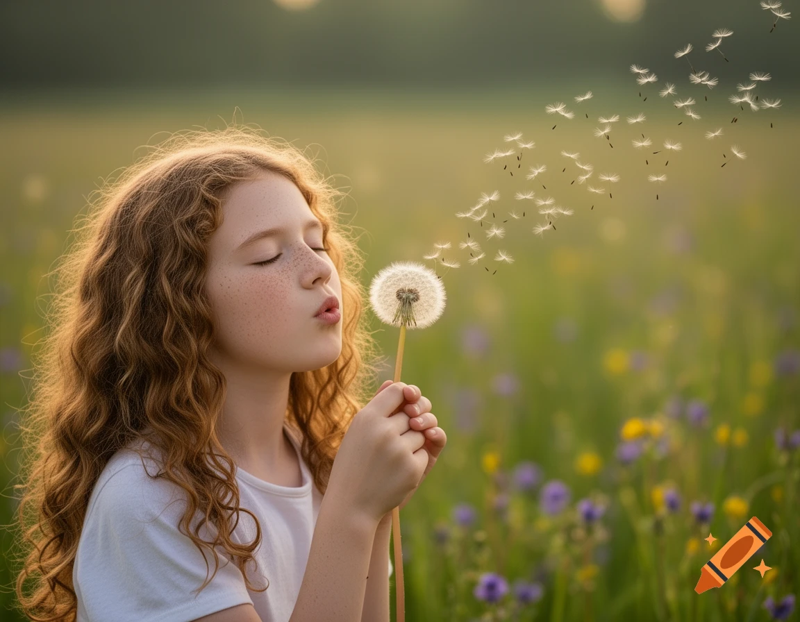 A young girl with closed eyes and curly red hair blows a dandelion in a sunny, green field filled with wildflowers, seeds scattering.