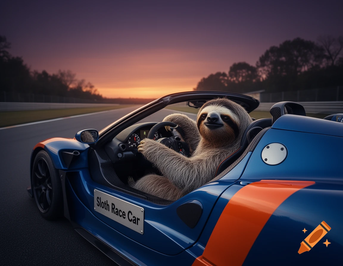 A photorealistic sloth smiles while driving a blue race car with orange stripes on a track at sunset.