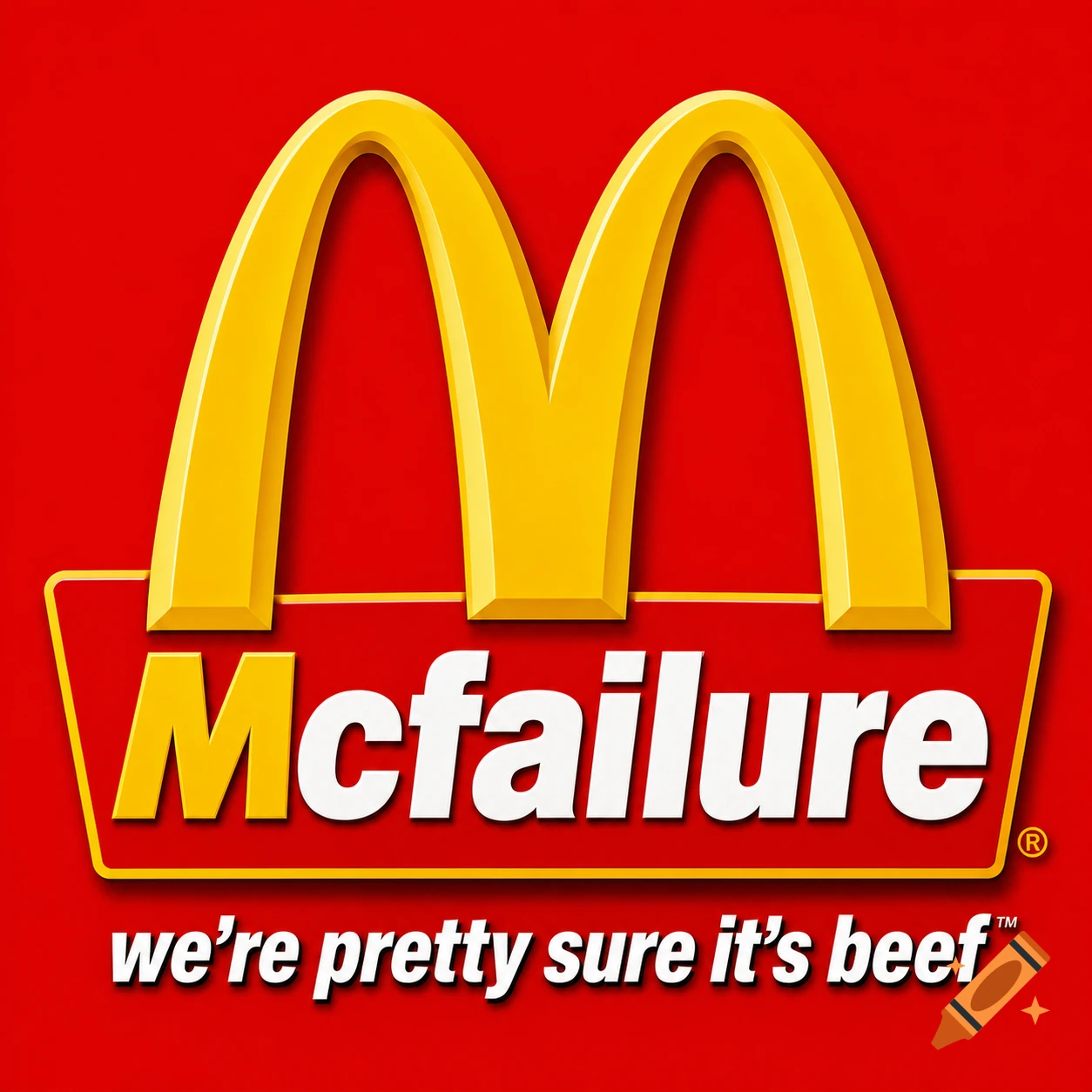 A red logo with golden arches, styled like McDonald's, but reading 'Mcfailure' with the slogan 'we're pretty sure it's beef' below.