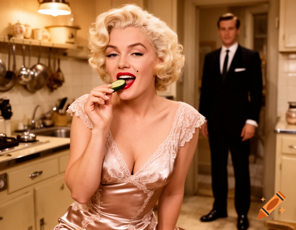 Marilyn Monroe in a silky slip dress with lace trim eats a cucumber in a kitchen, a man in a black suit stands behind her.