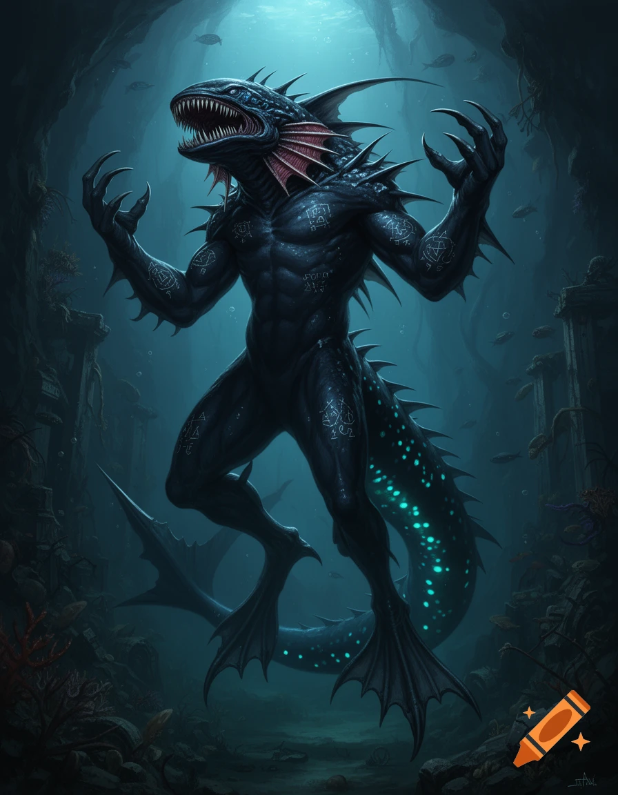 A terrifying, muscular deep-sea creature with sharp teeth, claws, spines, and glowing markings, stands in dark underwater ruins.
