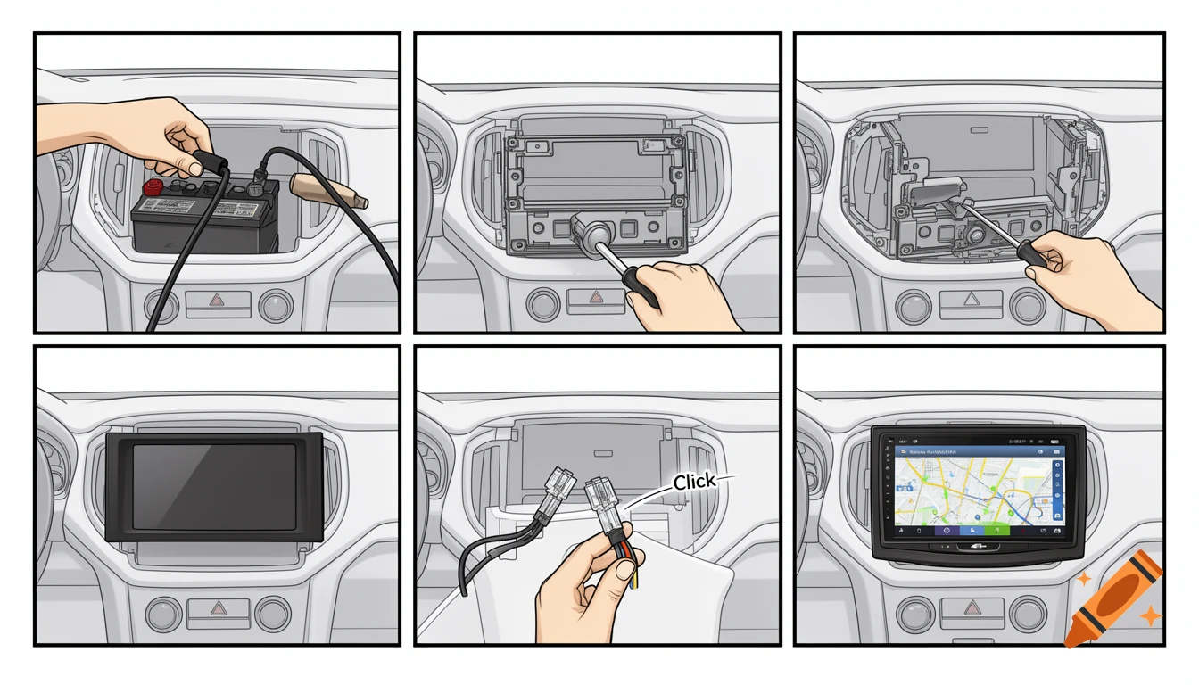 Six-panel comic illustrating how to install a car stereo. Shows hands disconnecting a car battery, removing dashboard trim, removing an old radio, installing a new touchscreen, connecting wires, and the new touchscreen displaying GPS maps.